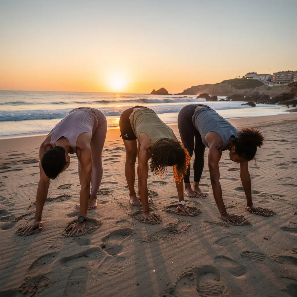 Un instructor guiando a los alumnos en una secuencia de flexiones hacia adelante, rodeados de plantas.