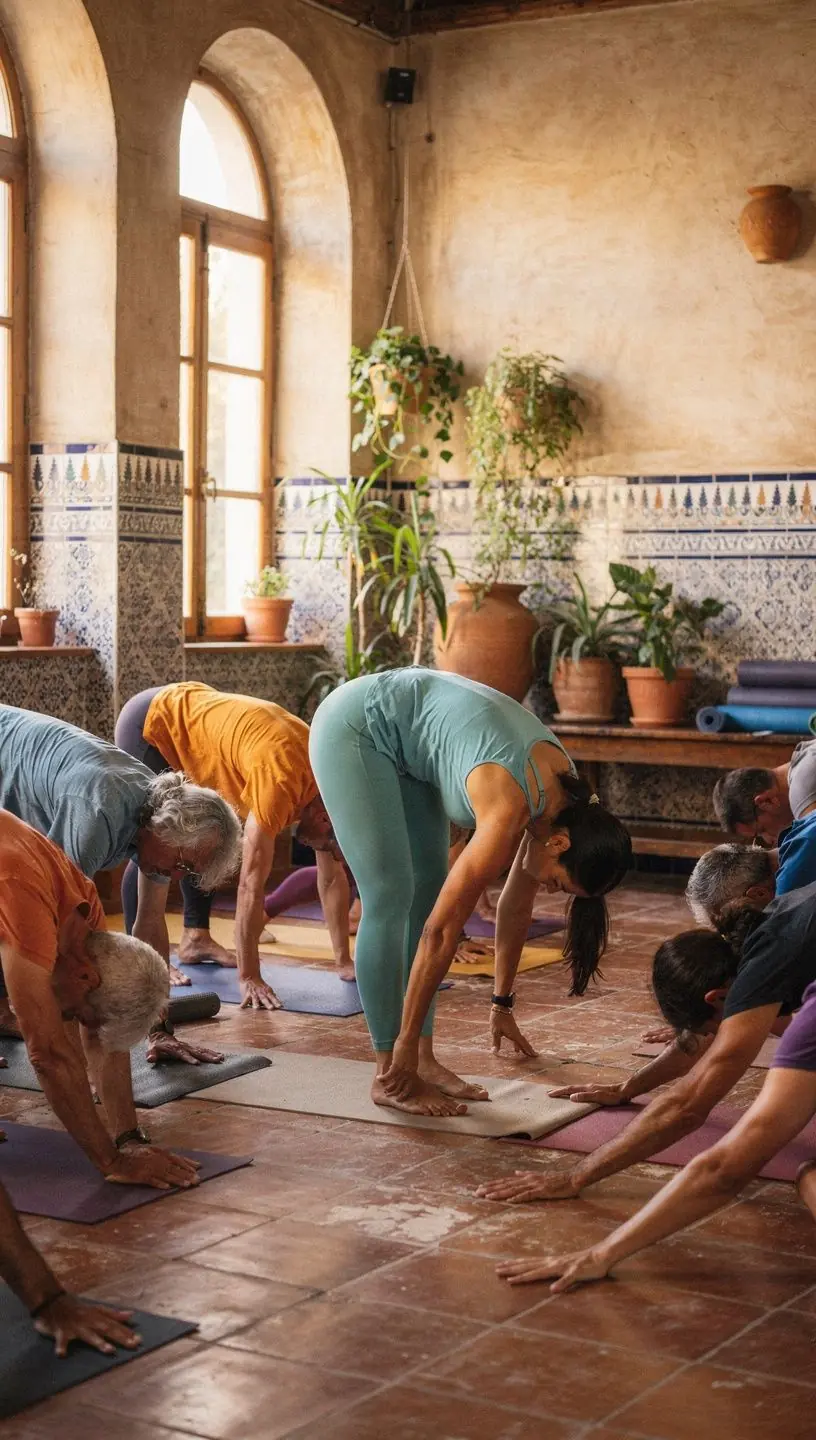 Vista superior de un grupo de practicantes de yoga en una clase, concentrados en sus estiramientos hacia adelante.