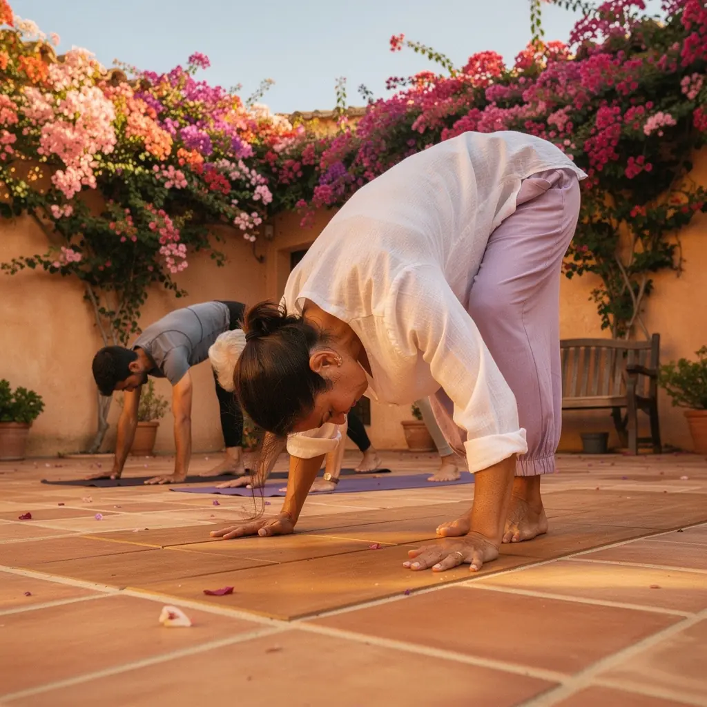 Una persona realizando la postura de la pinza sentada, con un ambiente sereno y suave.