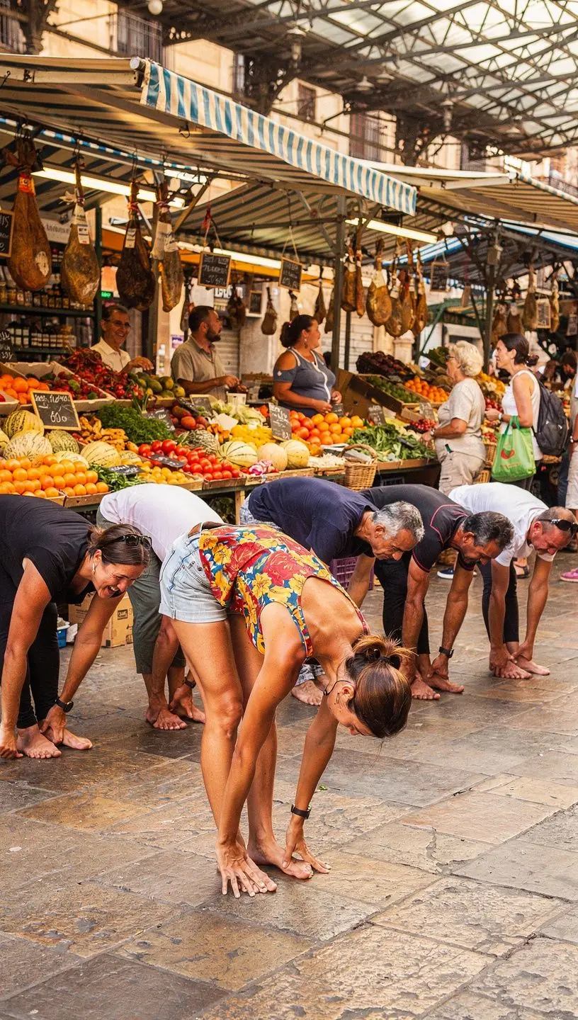 Grupo de personas en una clase de yoga, todos en postura de flexión hacia adelante, respirando con calma.