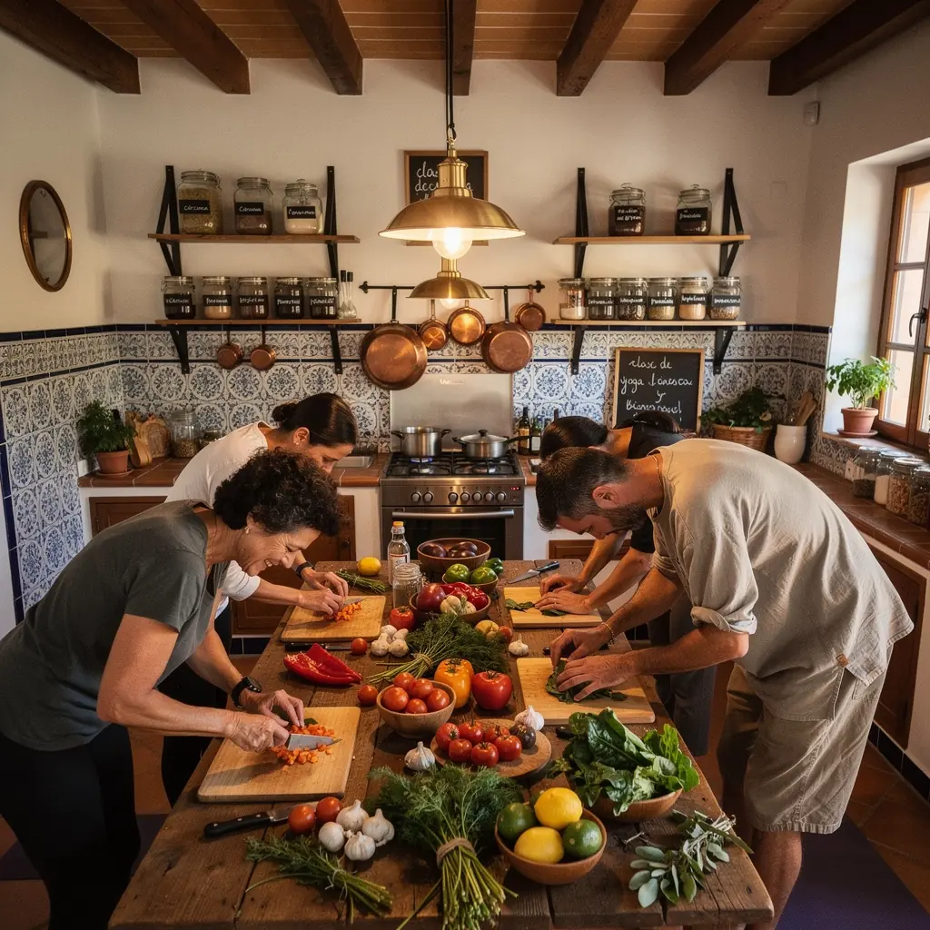 Grupo de personas en una clase de yoga, todos en postura de flexión hacia adelante, respirando con calma.
