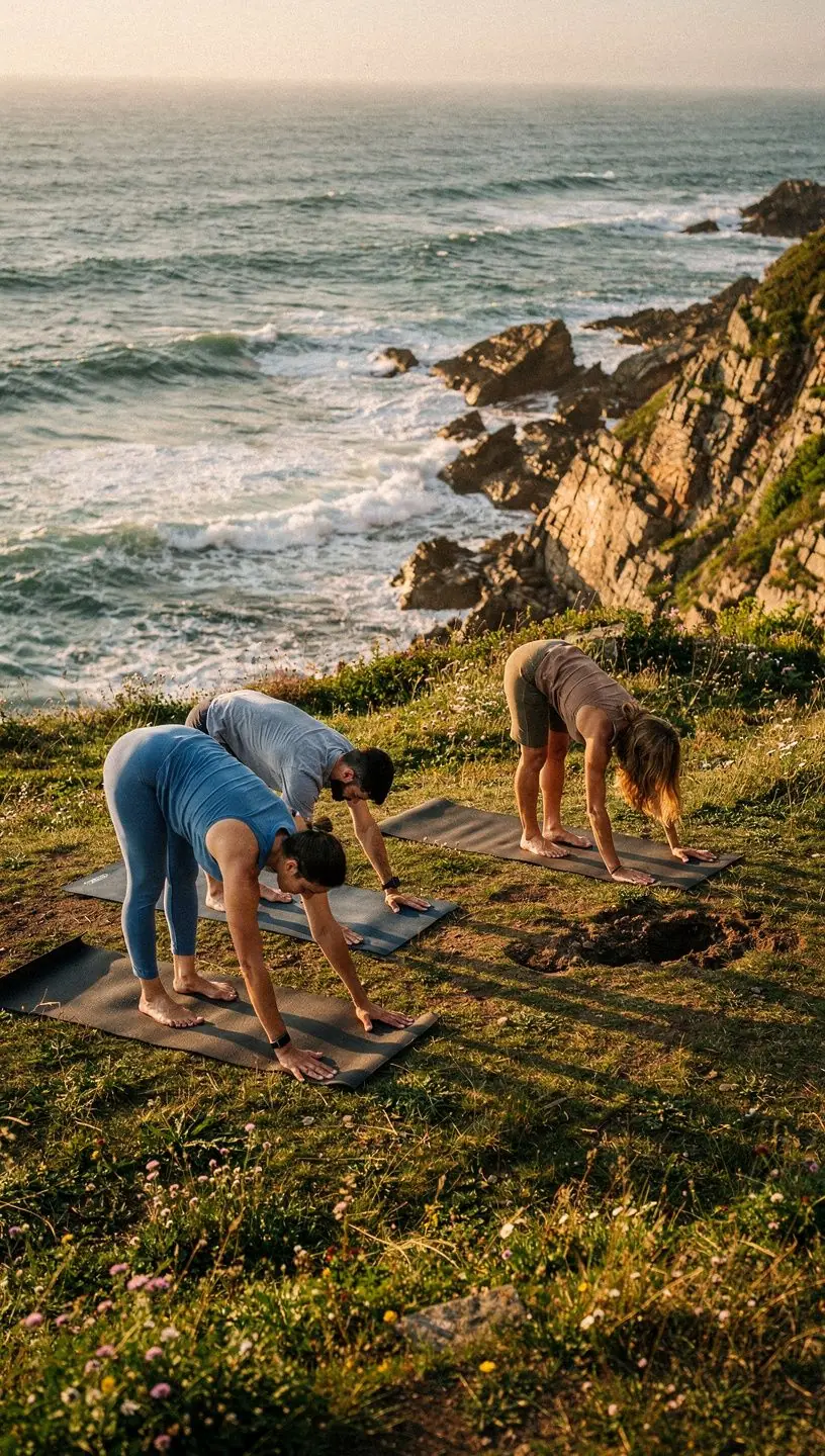 Grupo de personas en una clase de yoga, todos en postura de flexión hacia adelante, respirando con calma.