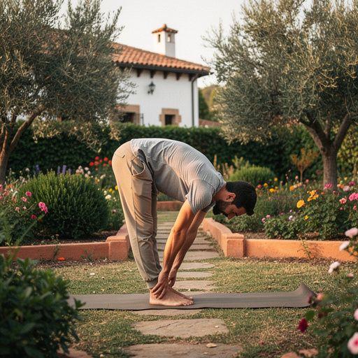 Cierre de un plano de manos tocando los pies en una postura de flexión, simbolizando conexión y relajación.